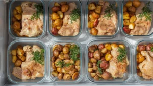 Meal prep containers with portioned chicken and potatoes recipe, stored in airtight containers