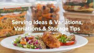 Plated blackened chicken with rice, salad, and vegetables, plus meal prep containers – blackened chicken serving ideas