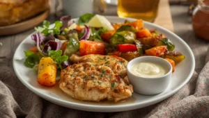 Plated chicken and potatoes recipe served with fresh salad, roasted vegetables, and garlic butter sauce