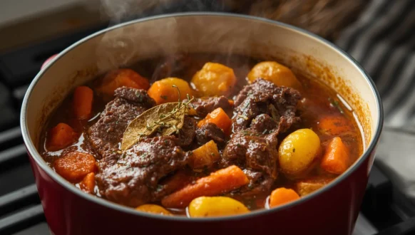 Classic beef stew recipe on stove with tender beef, carrots, and potatoes simmering in a Dutch oven.