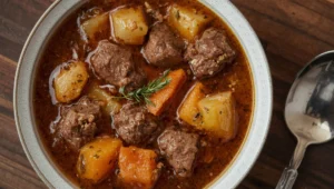 Finished beef stew recipe on stove served in a bowl with tender beef, carrots, potatoes, and thick broth.