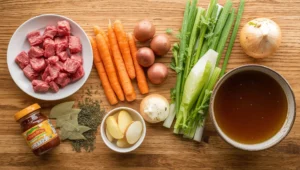 Ingredients for beef stew recipe on stove including beef chuck, carrots, potatoes, onions, broth, and herbs.
