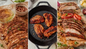 Step-by-step blackened chicken being coated in spices, seared in a cast iron skillet, and sliced – blackened chicken cooking steps