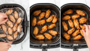 Step-by-step process of baked chicken legs recipes showing pat drying, seasoning, and placing drumsticks on a baking rack.