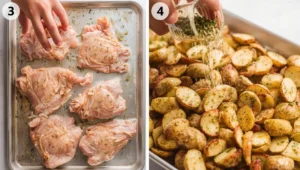 Step-by-step preparation of chicken and potatoes recipe with seasoned chicken and potatoes ready for oven roasting