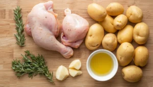 Fresh ingredients for chicken and potatoes recipe: chicken thighs, baby potatoes, garlic, herbs, and olive oil